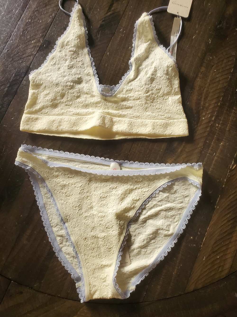 Free People Pale Yellow With Blue Lace-Trim Bralette & Bottom Set